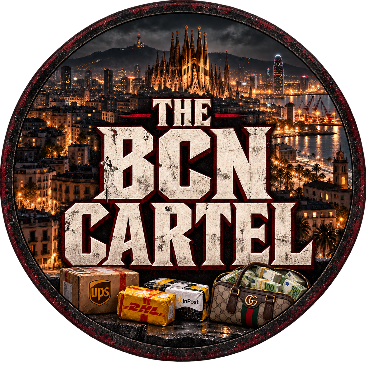 Logo de THE BCN CARTEL sobre Barcelona de noche, con luces rojas y doradas